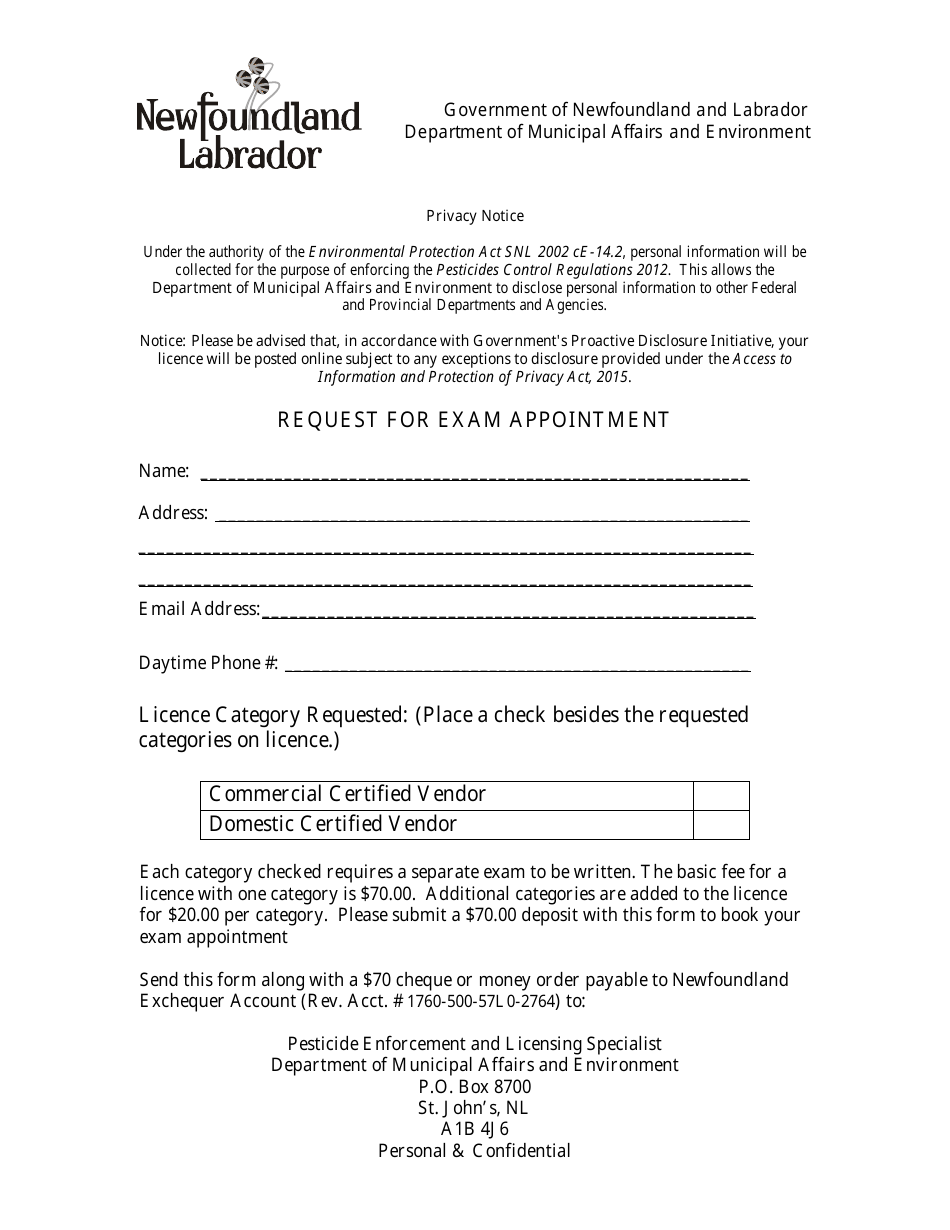 Request for Exam Appointment - Newfoundland and Labrador, Canada, Page 1
