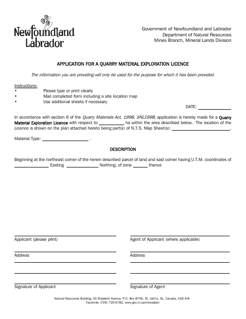 Application for a Quarry Material Exploration License - Newfoundland and Labrador, Canada