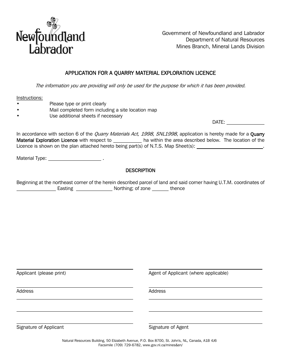 Application for a Quarry Material Exploration License - Newfoundland and Labrador, Canada, Page 1