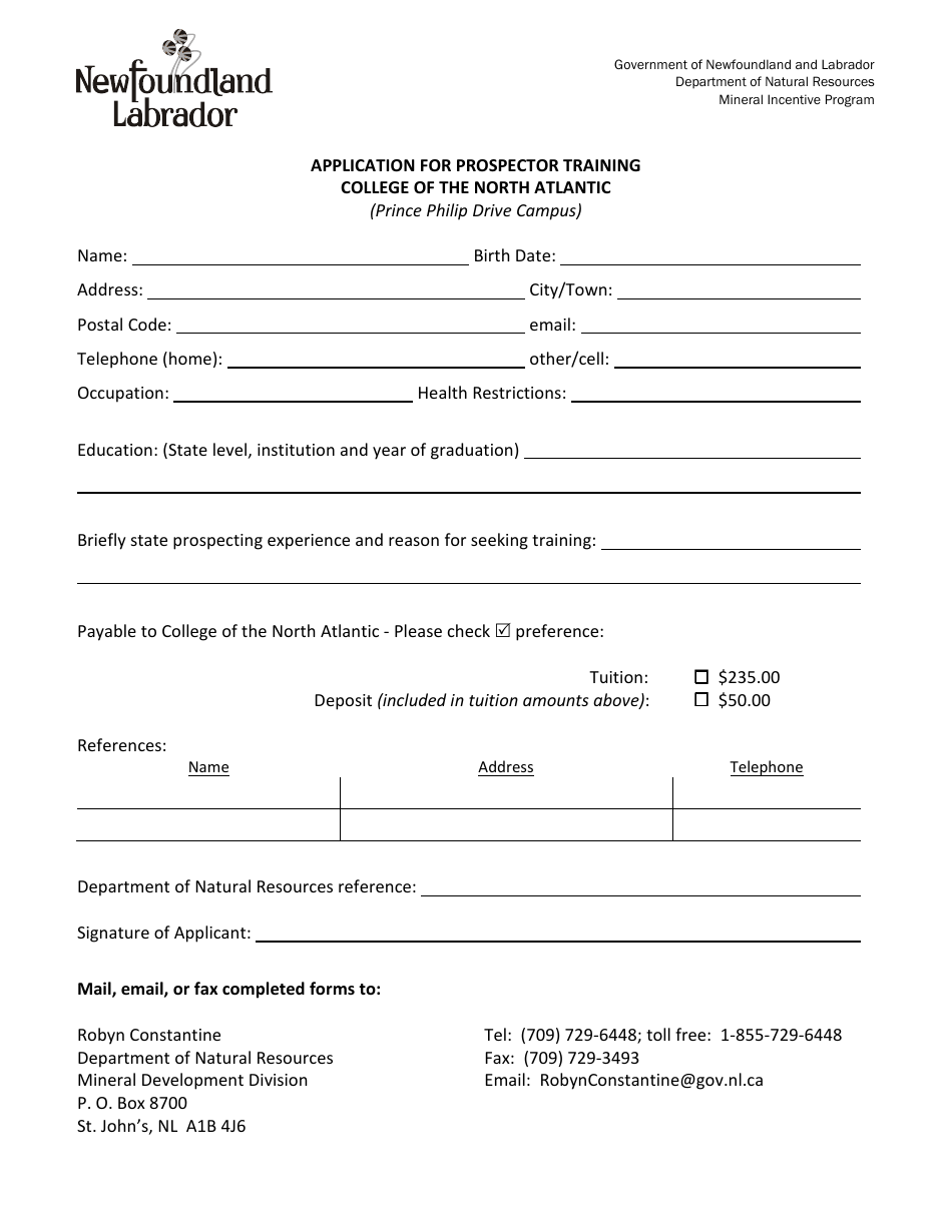 Application for Prospector Training College of the North Atlantic (Prince Philip Drive Campus) - Newfoundland and Labrador, Canada, Page 1