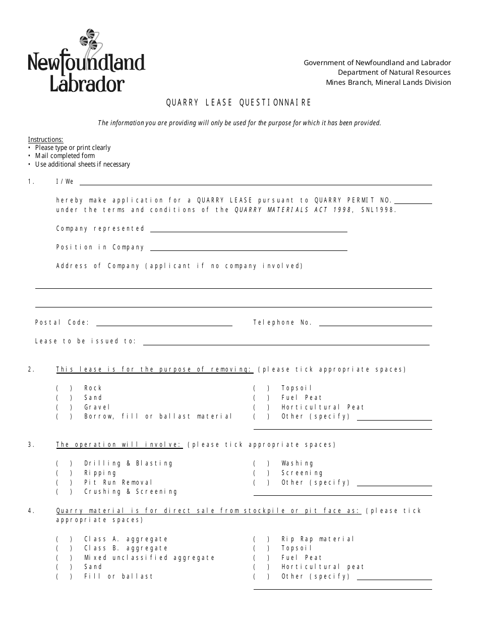 Quarry Lease Questionnaire - Newfoundland and Labrador, Canada, Page 1