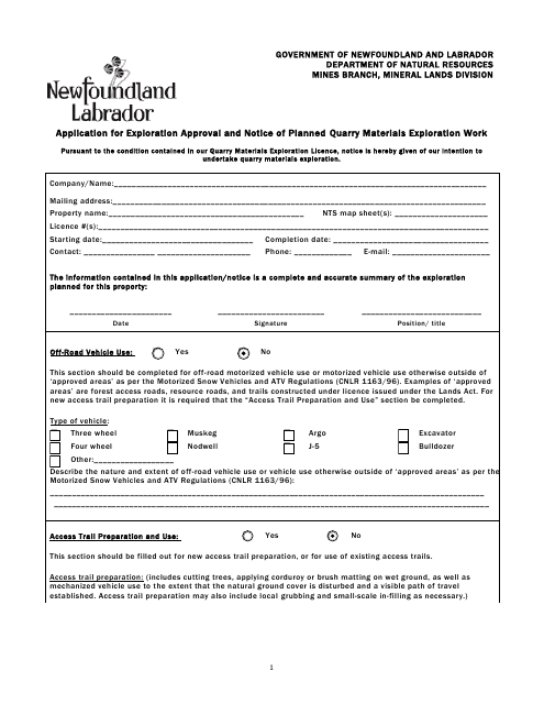 Application for Exploration Approval and Notice of Planned Quarry Materials Exploration Work - Newfoundland and Labrador, Canada
