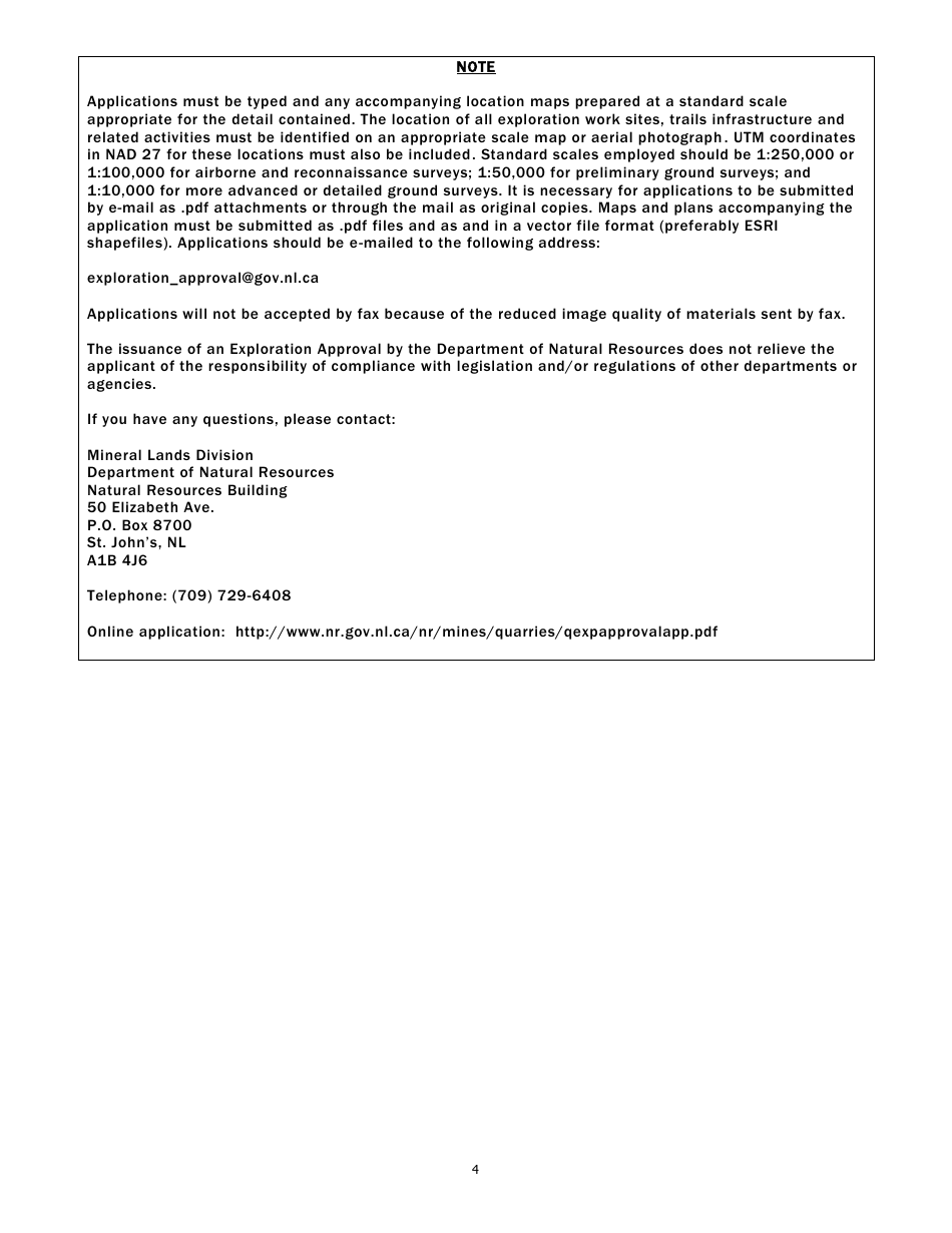 Application for Exploration Approval and Notice of Planned Quarry Materials Exploration Work - Newfoundland and Labrador, Canada, Page 4