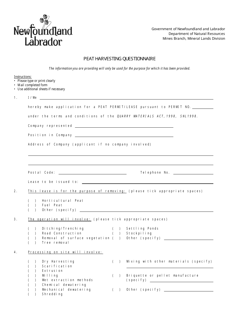 Peat Harvesting Questionnaire - Newfoundland and Labrador, Canada, Page 1