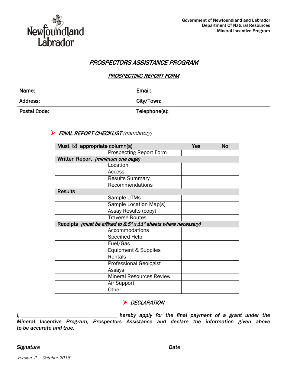Prospecting Report Form - Newfoundland and Labrador, Canada, Page 1
