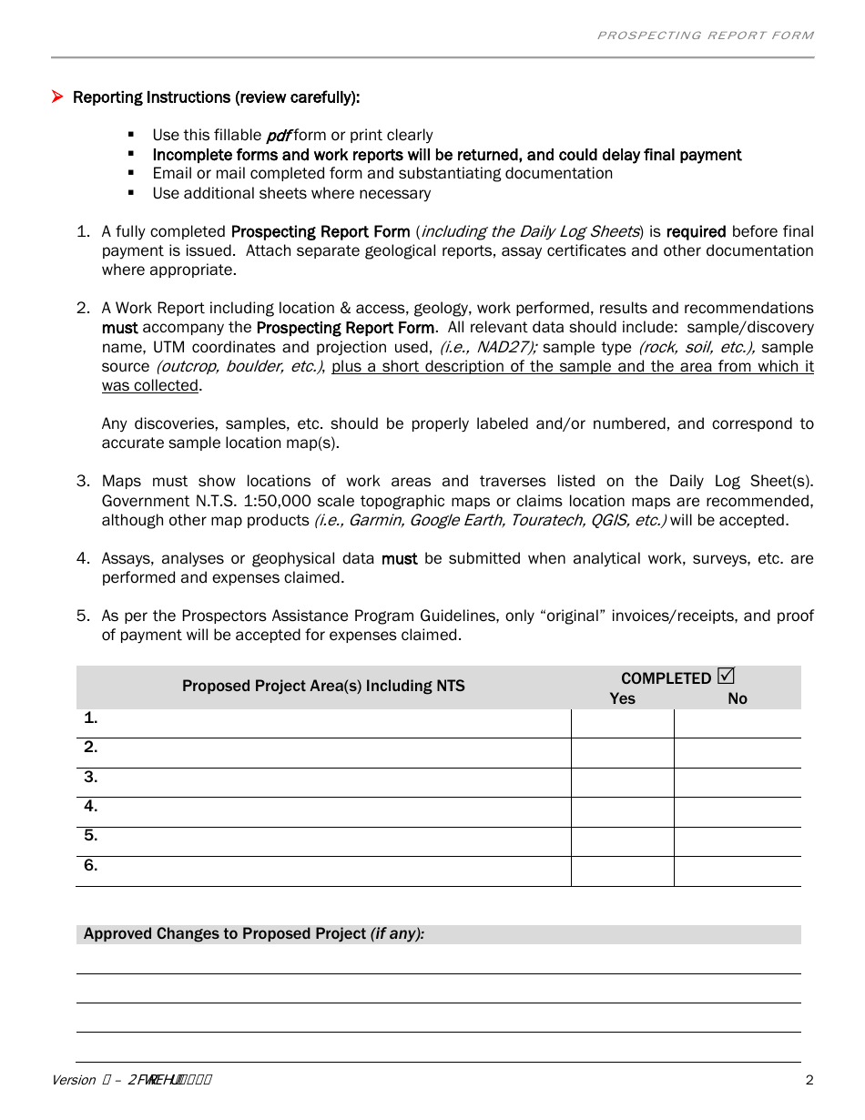 Prospecting Report Form - Newfoundland and Labrador, Canada, Page 2