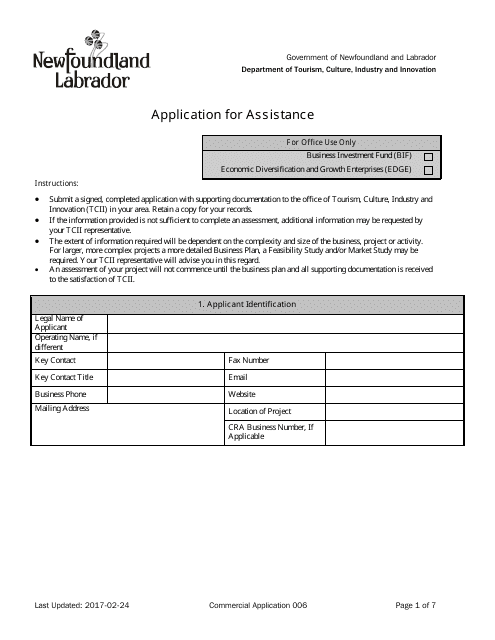Application for Assistance - Newfoundland and Labrador, Canada Download Pdf