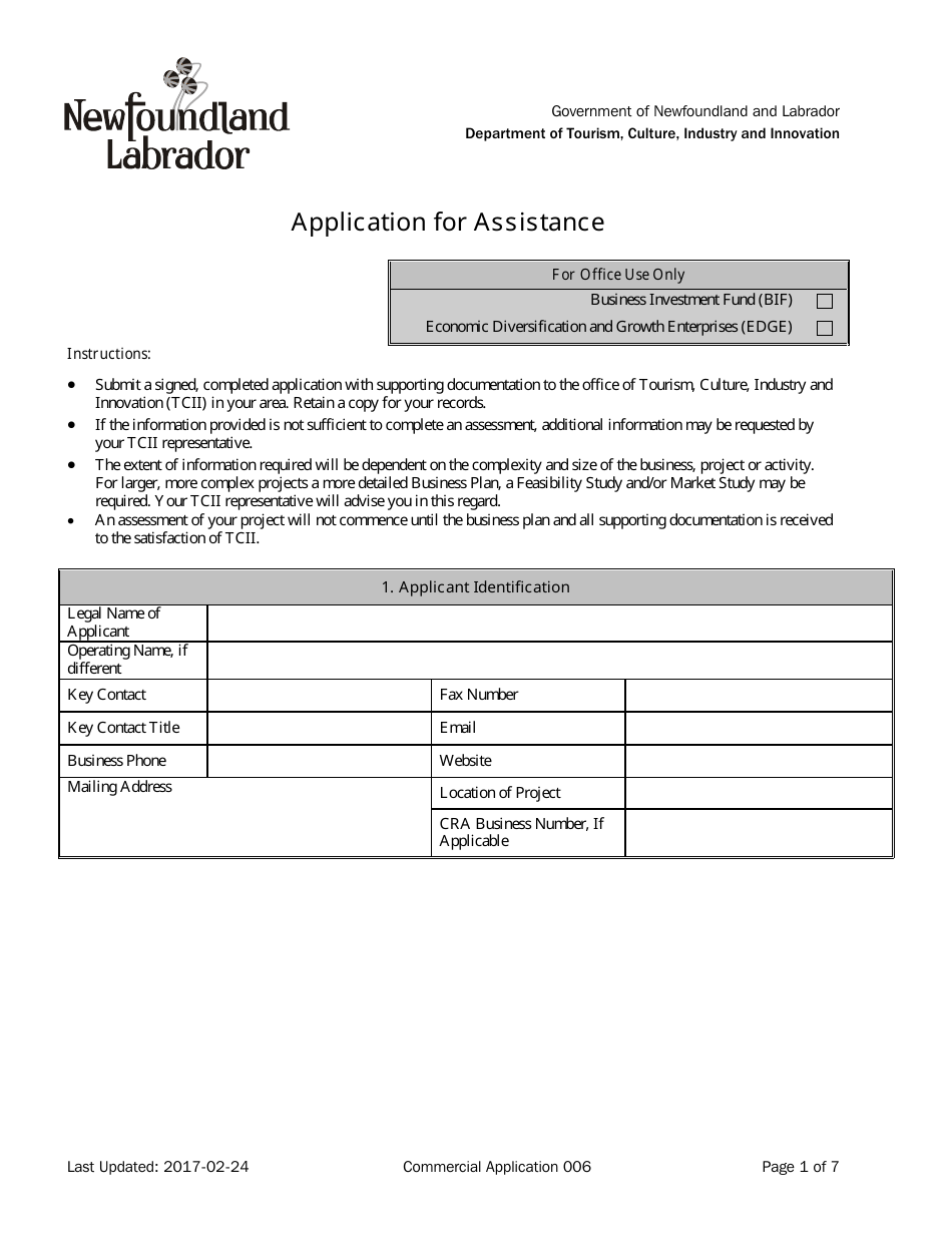 Application for Assistance - Newfoundland and Labrador, Canada, Page 1