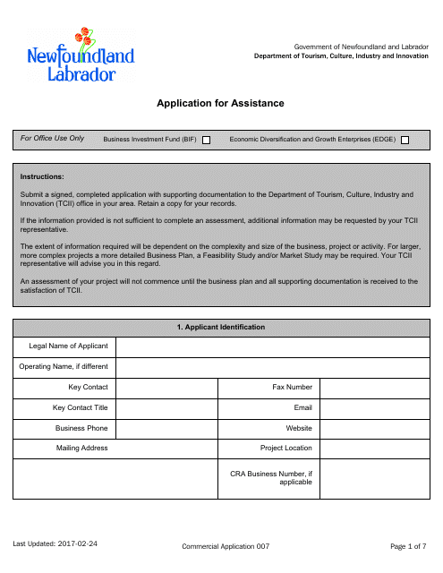 Application for Assistance - Newfoundland and Labrador, Canada Download Pdf
