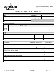 Form PNWS006 &quot;Confidential Statement of Personal Net Worth&quot; - Newfoundland and Labrador, Canada