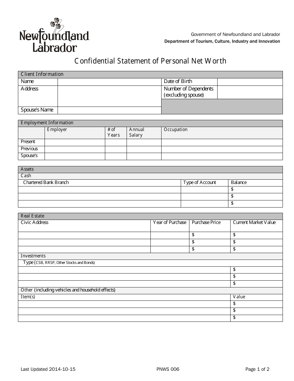 Form PNWS006 Confidential Statement of Personal Net Worth - Newfoundland and Labrador, Canada, Page 1