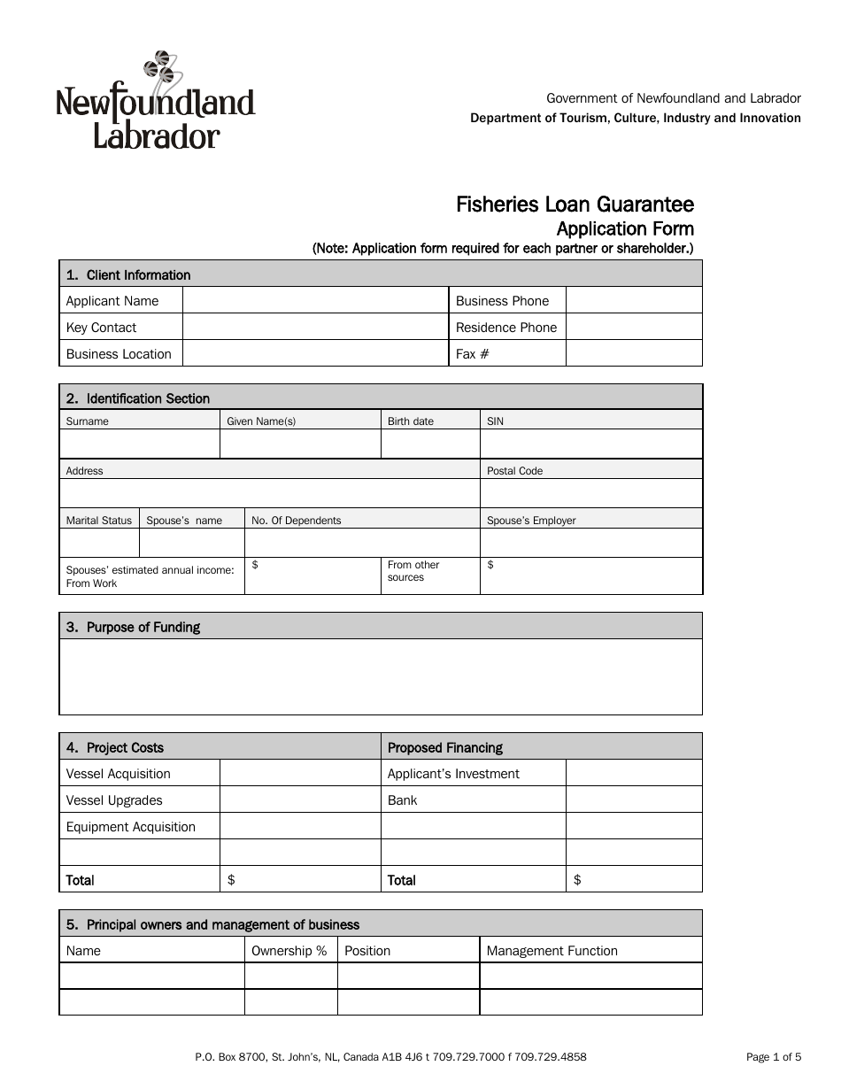 Fisheries Loan Guarantee Application Form - Newfoundland and Labrador, Canada, Page 1