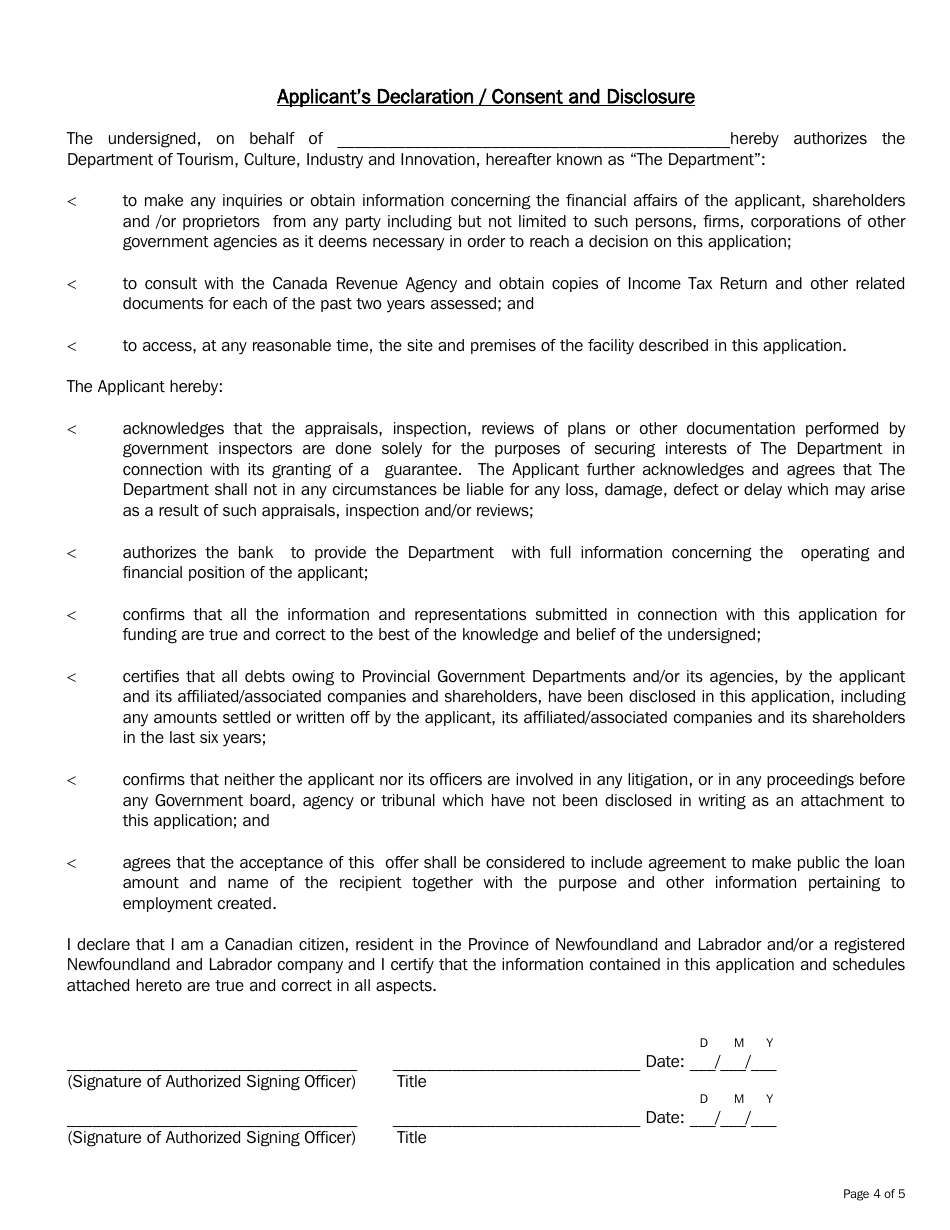 Fisheries Loan Guarantee Application Form - Newfoundland and Labrador, Canada, Page 4