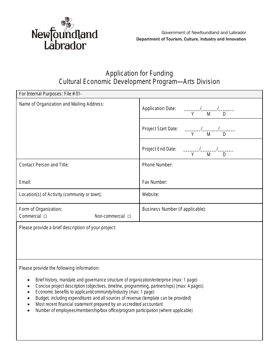 Application for Funding Cultural Economic Development Program - Arts Division - Newfoundland and Labrador, Canada, Page 1