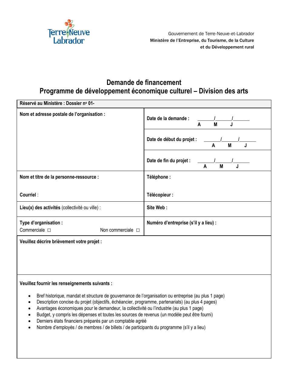 Demande De Financement - Programme De Developpement Economique Culturel - Newfoundland and Labrador, Canada (French), Page 1