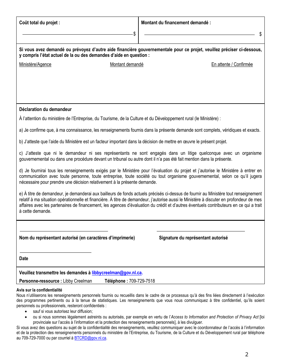 Demande De Financement - Programme De Developpement Economique Culturel - Newfoundland and Labrador, Canada (French), Page 2