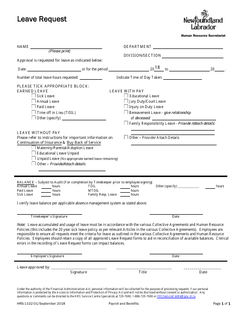 Form HRS-1102-01  Printable Pdf