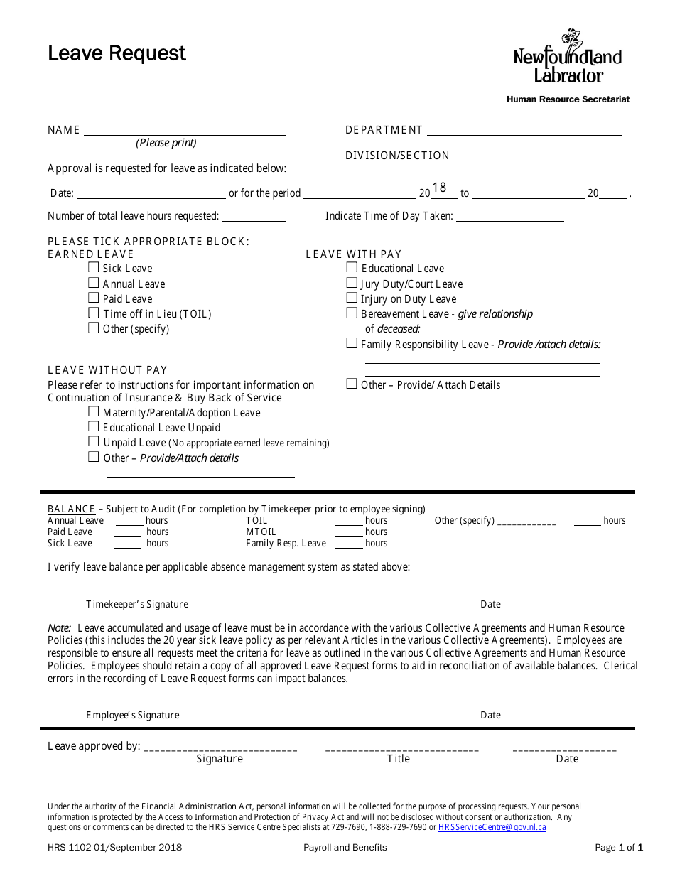 Form HRS-1102-01 Leave Request - Newfoundland and Labrador, Canada, Page 1