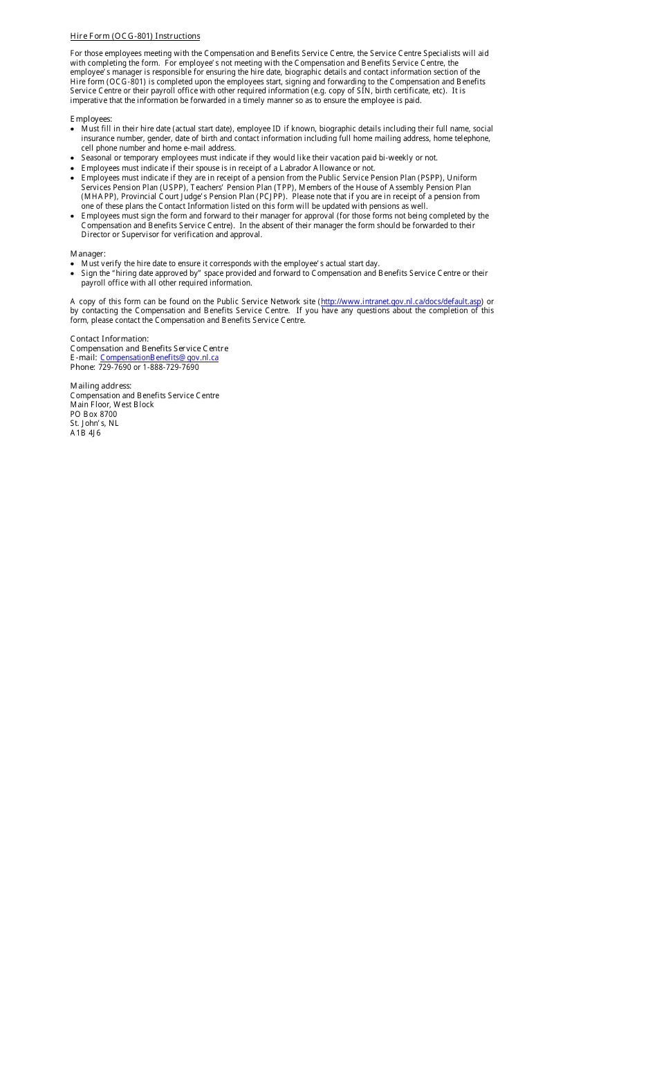 Form OCG-801 Hire / Change Form - Newfoundland and Labrador, Canada, Page 2