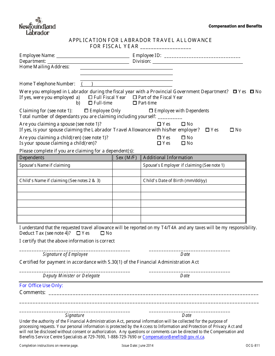Form OCG-811 Application for Labrador Travel Allowance - Newfoundland and Labrador, Canada, Page 1