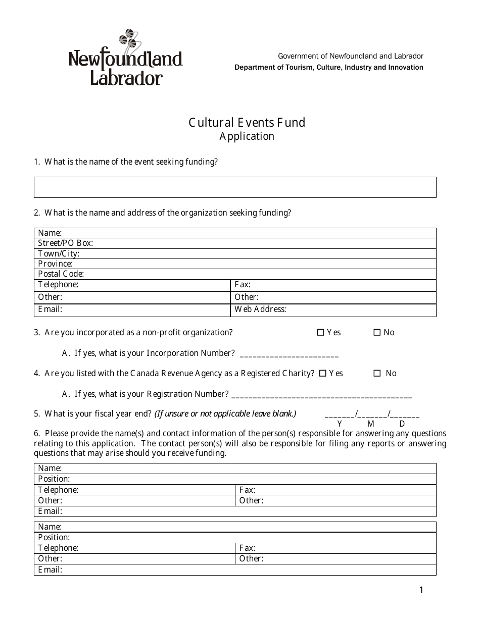 Cultural Events Fund Application - Newfoundland and Labrador, Canada, Page 1