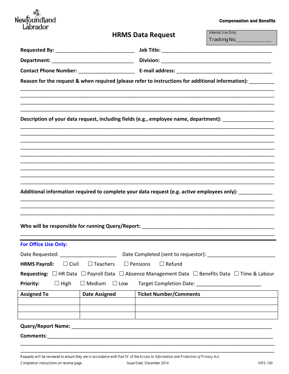 Form HRS-100 Hrms Data Request - Newfoundland and Labrador, Canada, Page 1