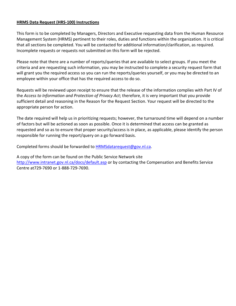 Form HRS-100 Hrms Data Request - Newfoundland and Labrador, Canada, Page 2