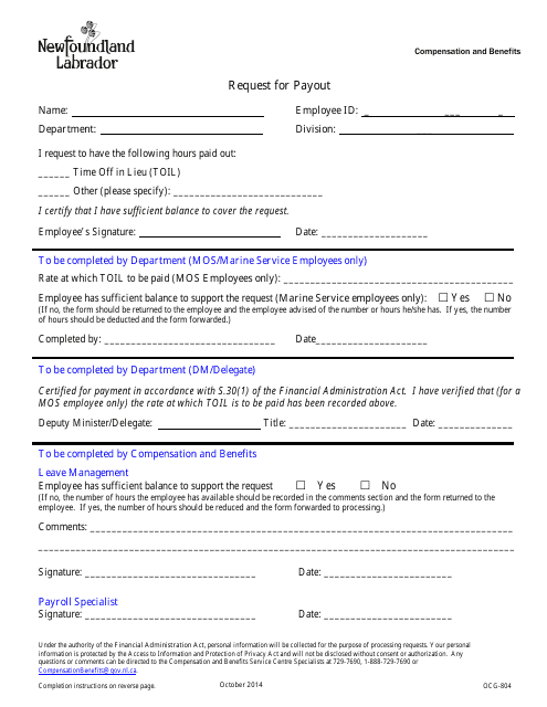 Form OCG-804 Request for Payout - Newfoundland and Labrador, Canada