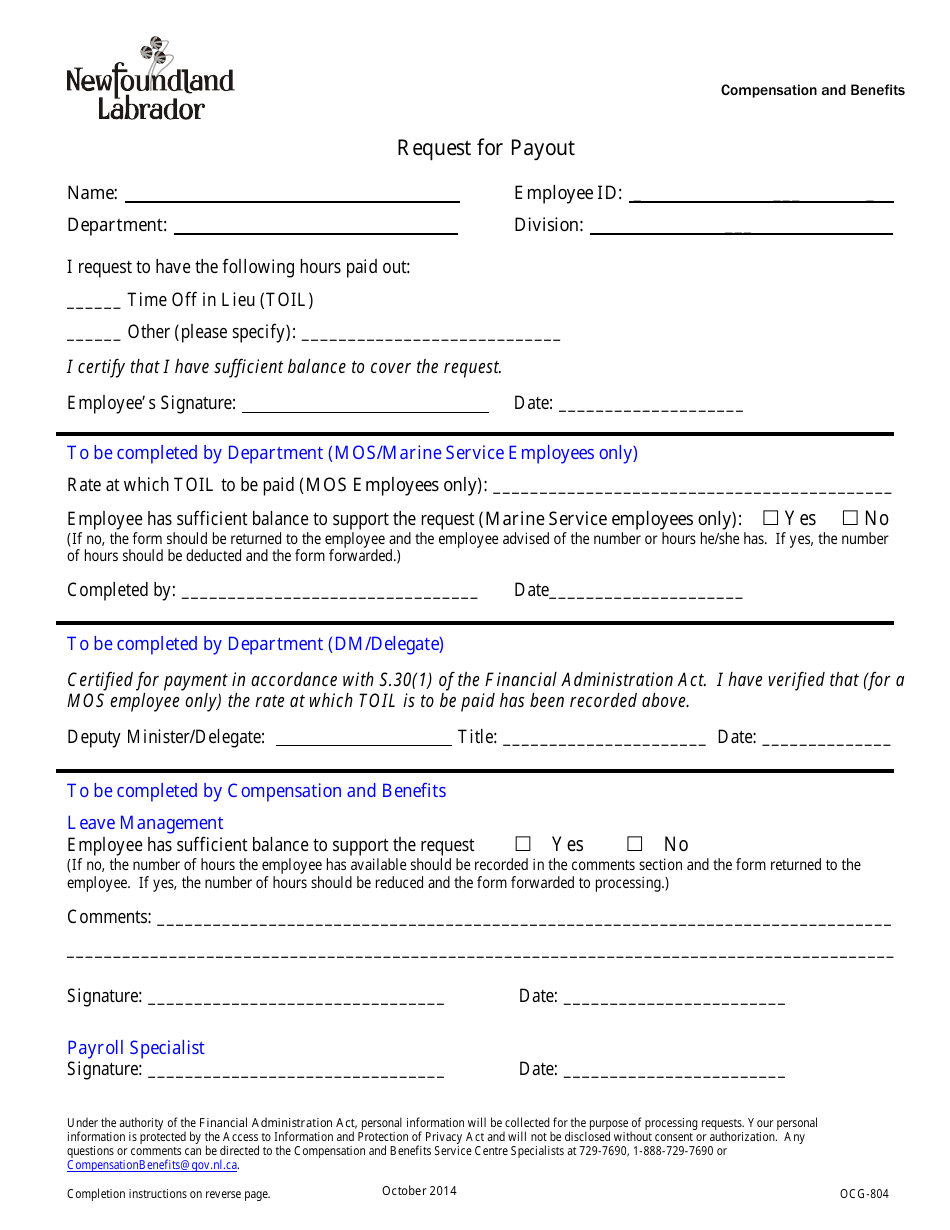 Form OCG-804 Request for Payout - Newfoundland and Labrador, Canada, Page 1