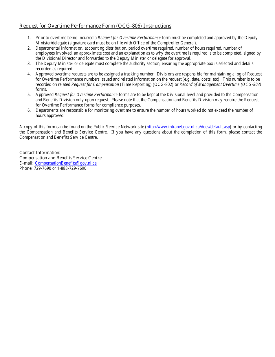 Form OCG-806 Request for Overtime Performance - Newfoundland and Labrador, Canada, Page 2