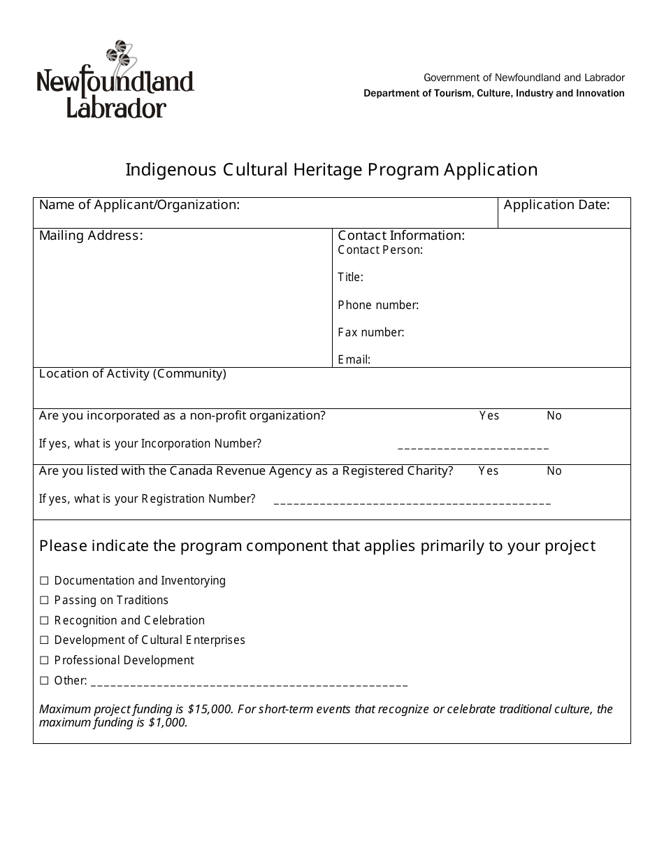Indigenous Cultural Heritage Program Application - Newfoundland and Labrador, Canada, Page 1
