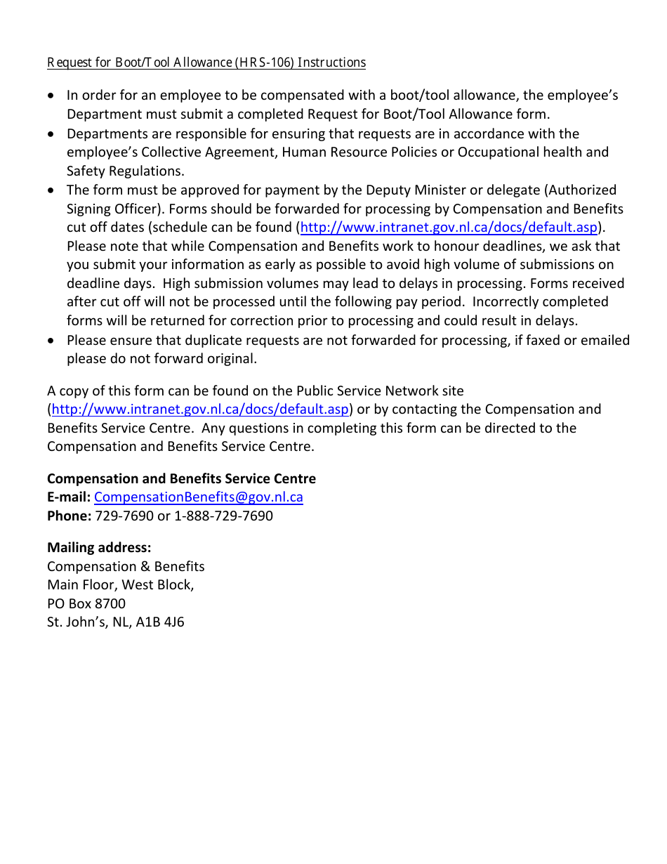 Form HRS-106 Request for Boot / Tool Allowance - Newfoundland and Labrador, Canada, Page 2