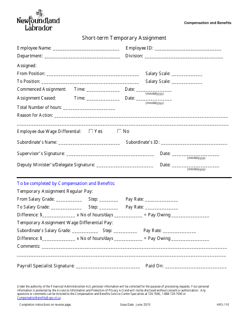 Form HRS-110 Short-Term Temporary Assignment - Newfoundland and Labrador, Canada