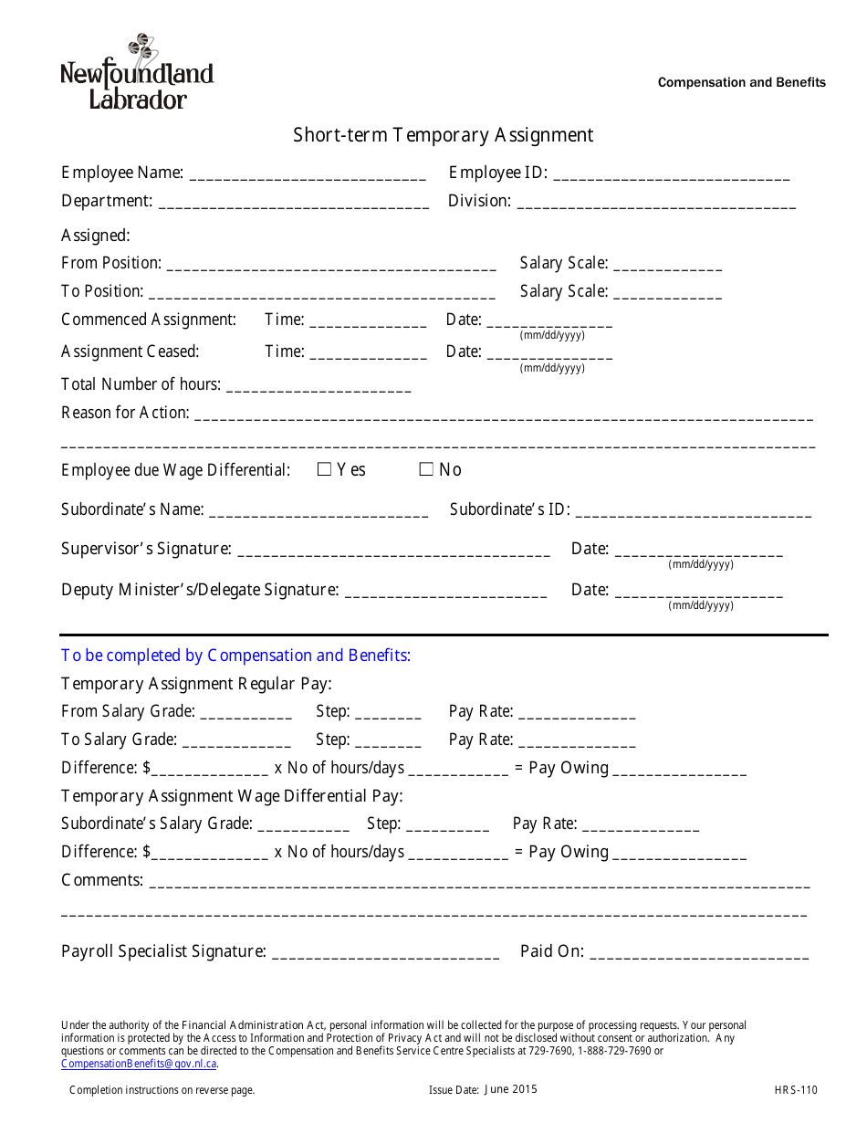 Form HRS-110 Short-Term Temporary Assignment - Newfoundland and Labrador, Canada, Page 1