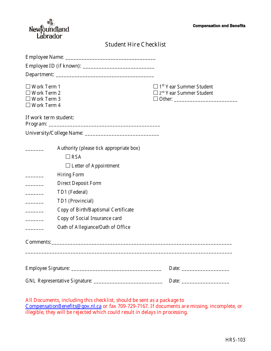 Form HRS-103 Student Hire Checklist - Newfoundland and Labrador, Canada, Page 1