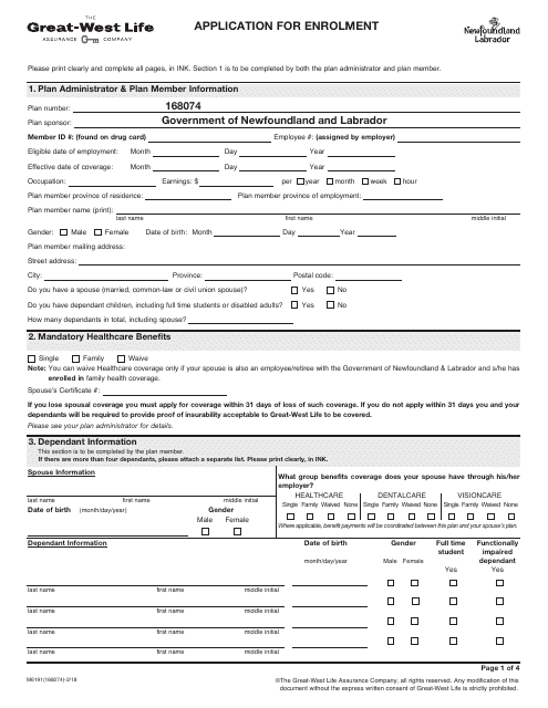 Form M6191 Application for Enrolment - Newfoundland and Labrador, Canada