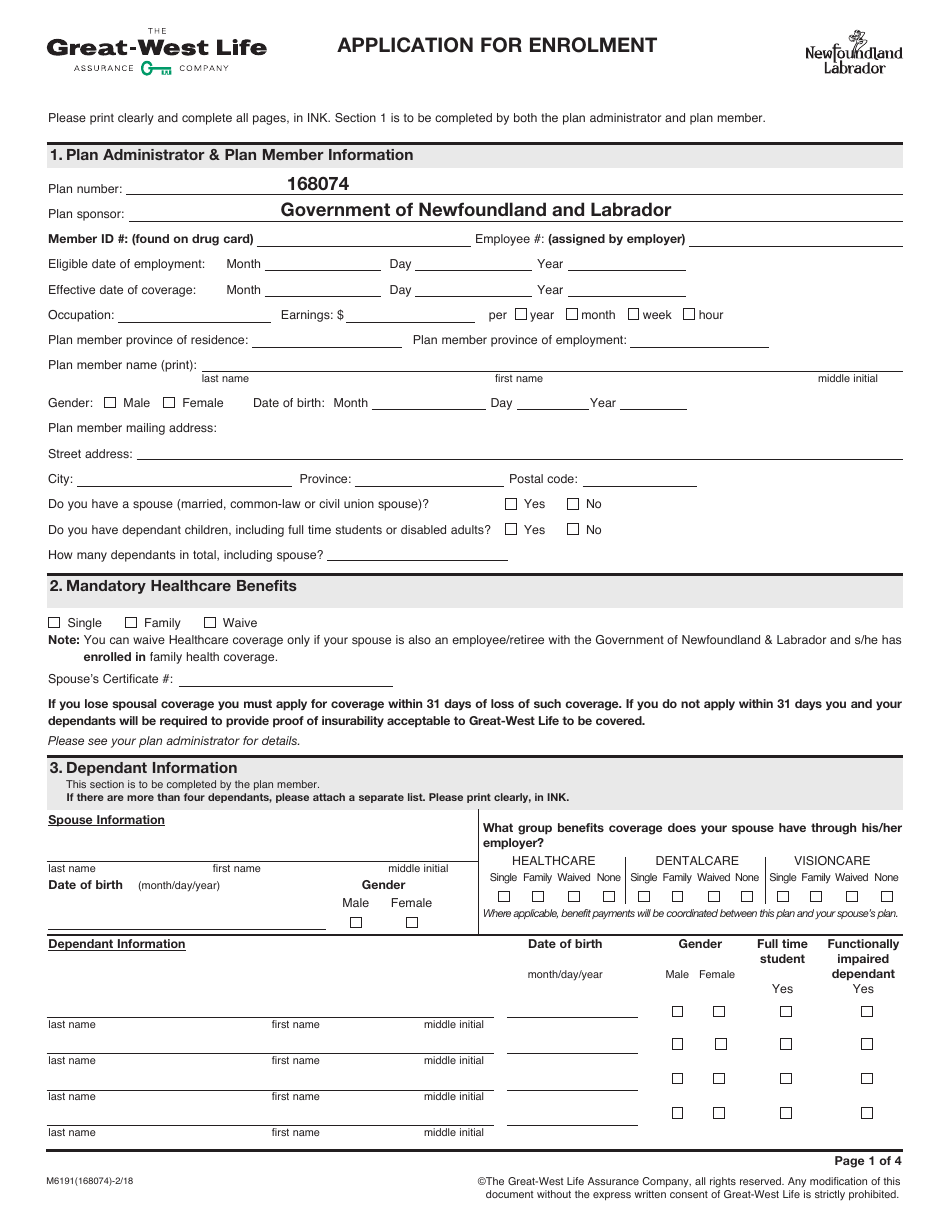 Form M6191 Application for Enrolment - Newfoundland and Labrador, Canada, Page 1