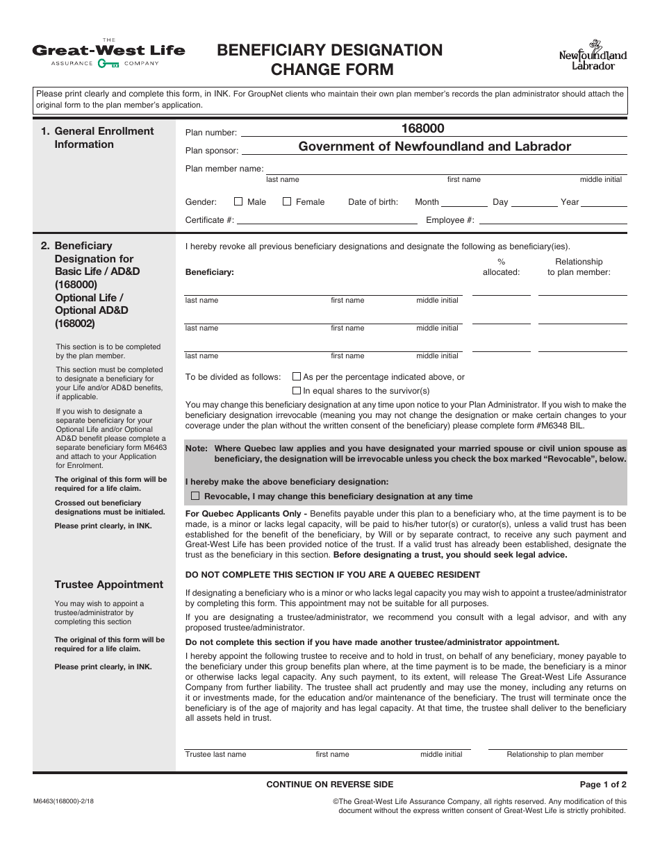 Form M6463 Beneficiary Designation Change Form - Newfoundland and Labrador, Canada, Page 1