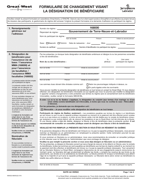 Forme M6463 Formulaire De Changement Visant La Designation De Beneficiaire - Newfoundland and Labrador, Canada (French)