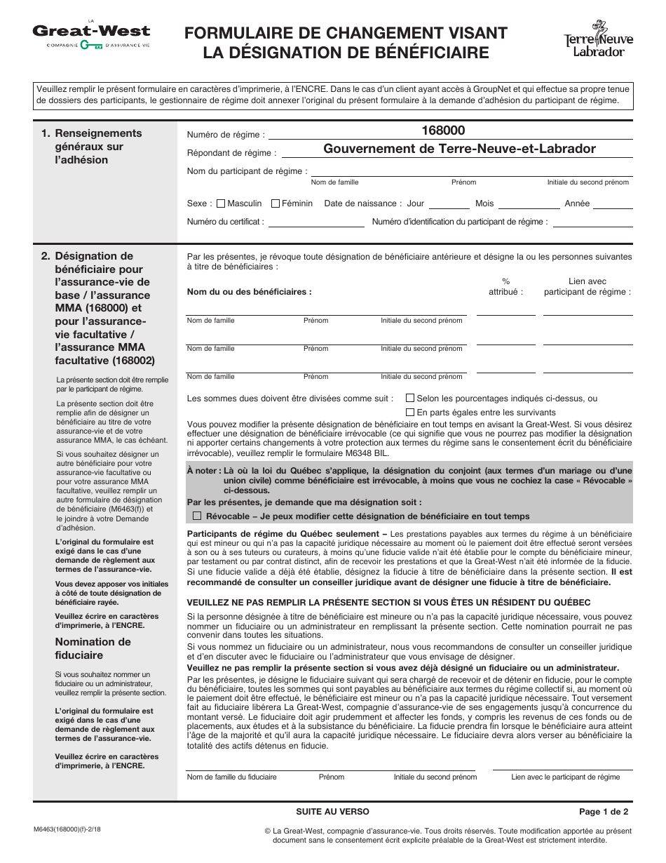 Forme M6463 Formulaire De Changement Visant La Designation De Beneficiaire - Newfoundland and Labrador, Canada (French), Page 1
