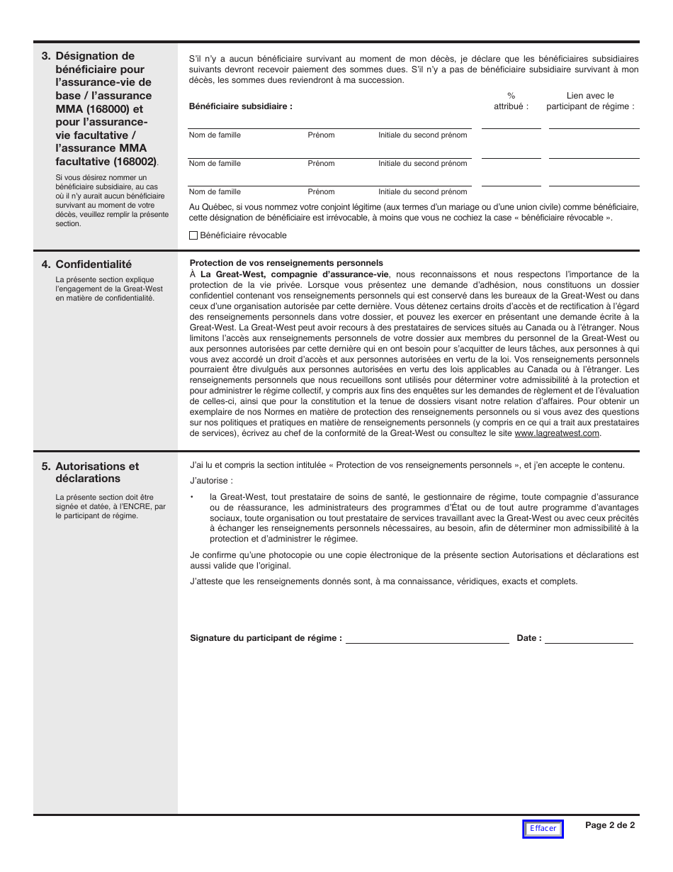Forme M6463 Formulaire De Changement Visant La Designation De Beneficiaire - Newfoundland and Labrador, Canada (French), Page 2