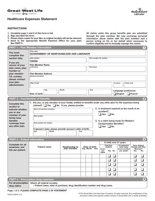 Form M635D Healthcare Expenses Statement - Newfoundland and Labrador, Canada