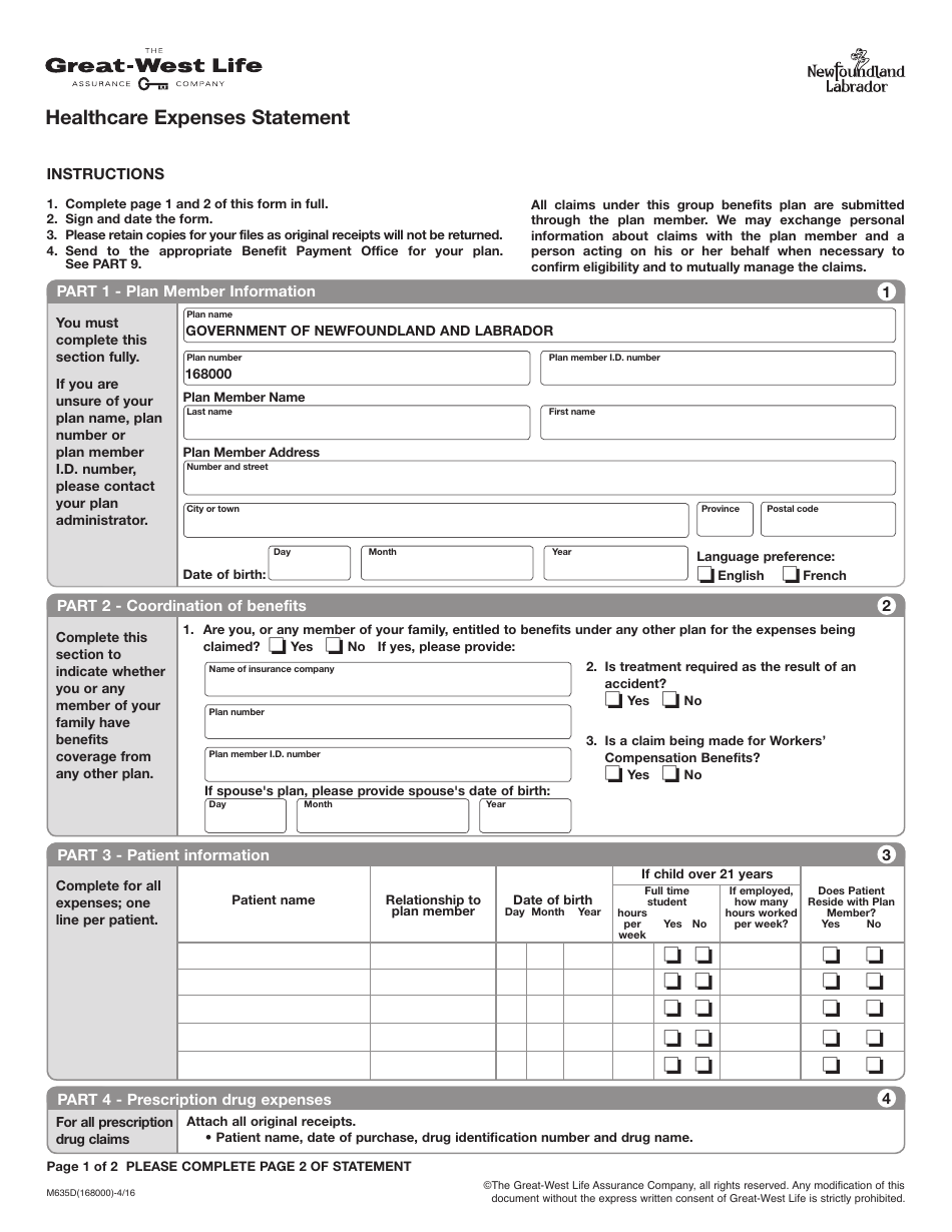 Form M635D Healthcare Expenses Statement - Newfoundland and Labrador, Canada, Page 1