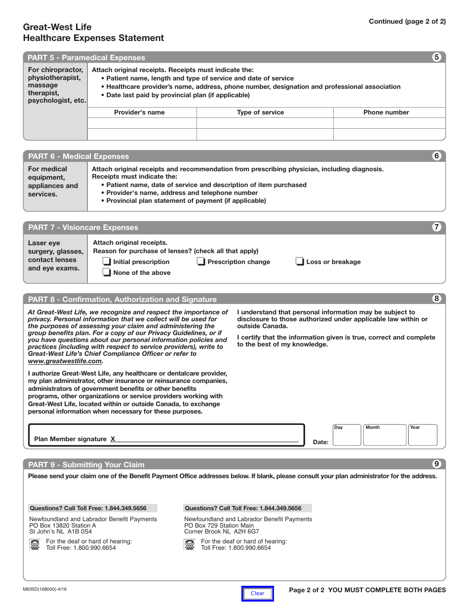 Form M635D Healthcare Expenses Statement - Newfoundland and Labrador, Canada, Page 2