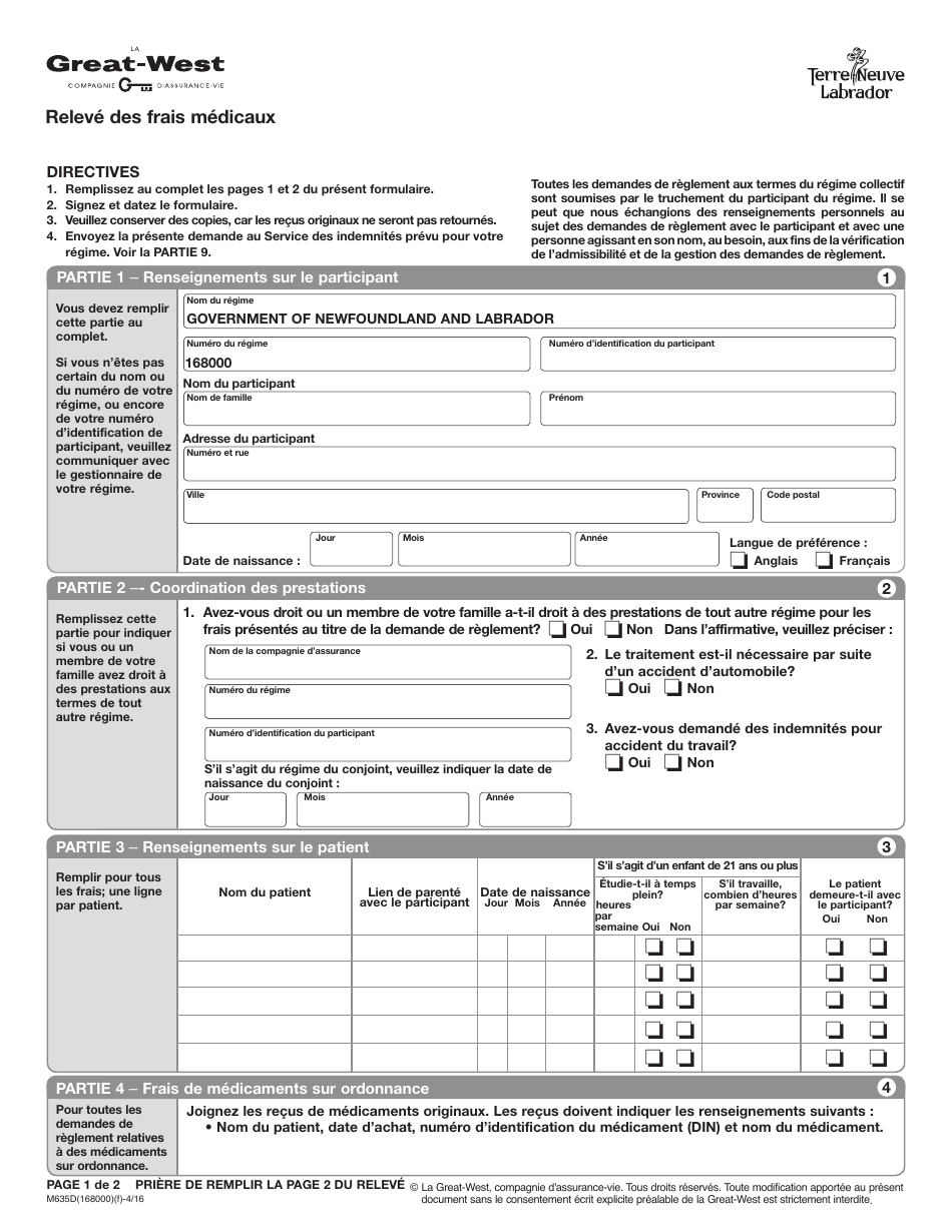 Forme M635D Releve DES Frais Medicaux - Newfoundland and Labrador, Canada (French), Page 1