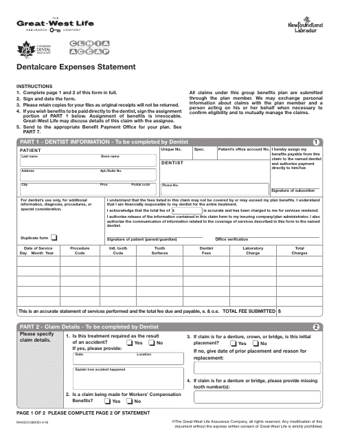 Form M445D Dentalcare Expenses Statement - Newfoundland and Labrador, Canada