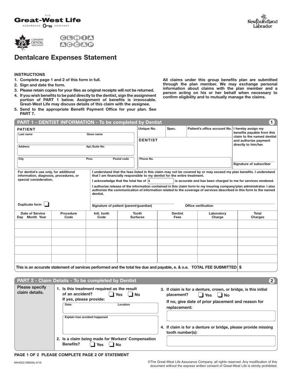 Form M445D Dentalcare Expenses Statement - Newfoundland and Labrador, Canada, Page 1