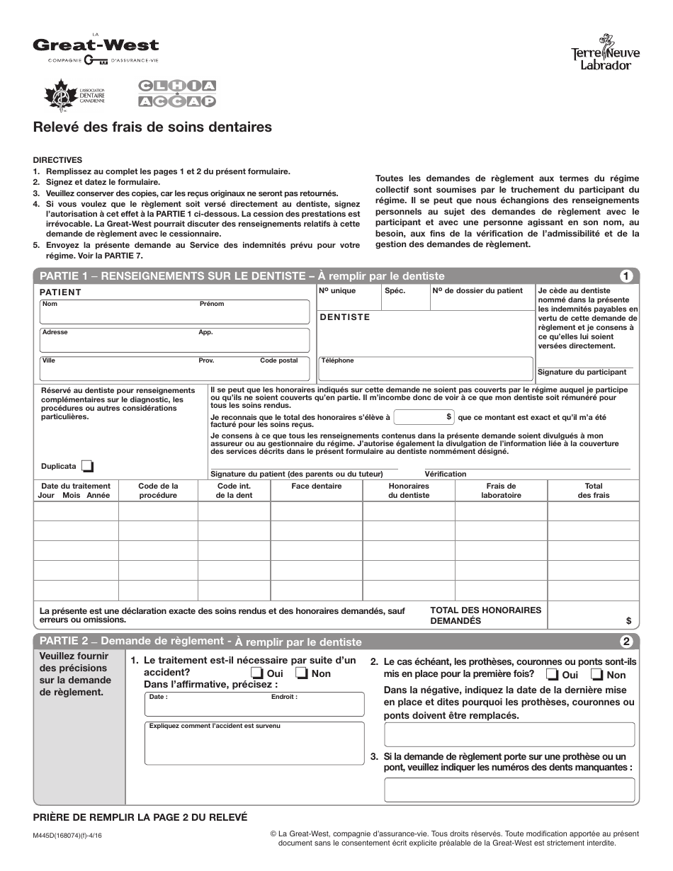 Forme M445D Releve DES Frais De Soins Dentaires - Newfoundland and Labrador, Canada (French), Page 1