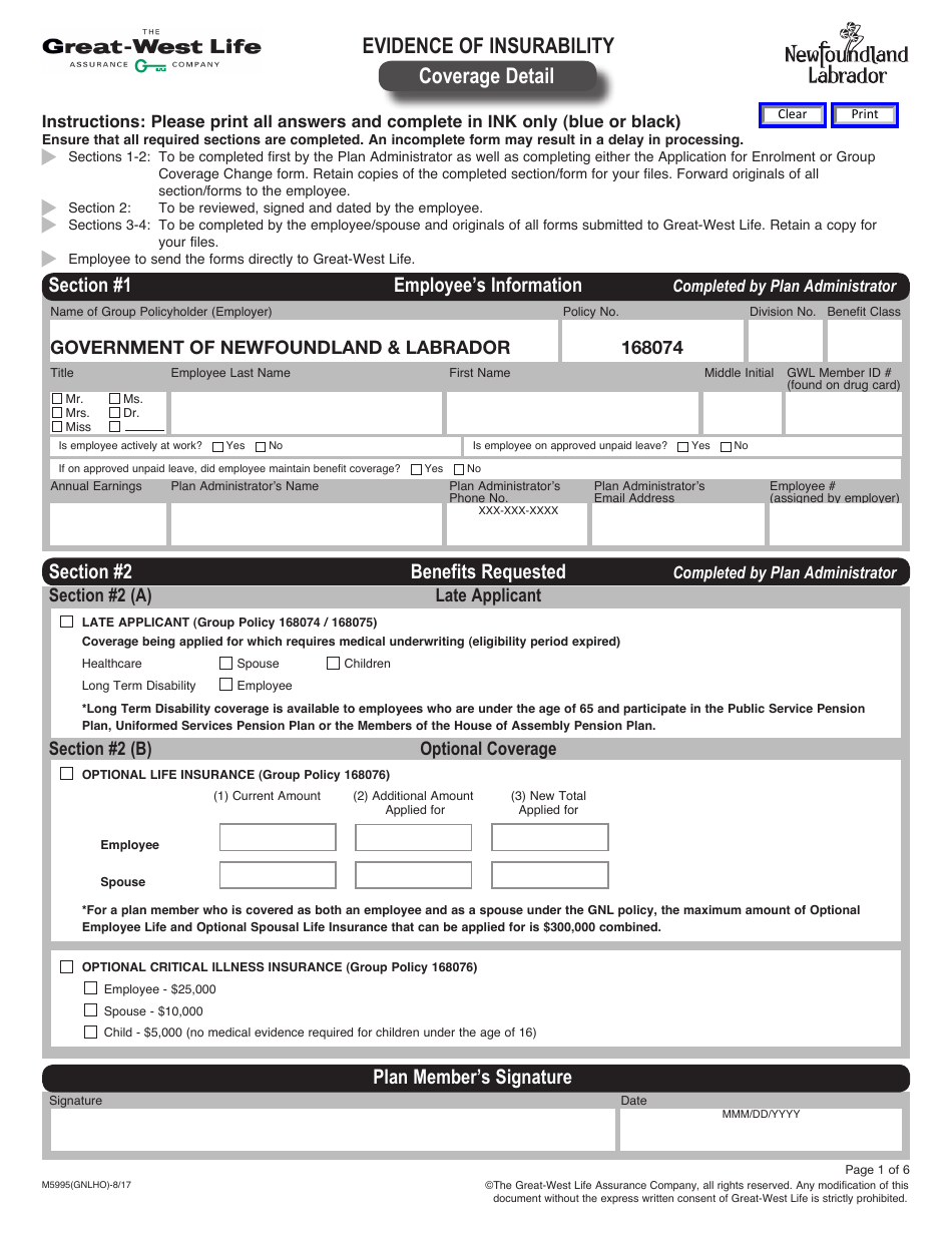 Form M5995 Evidence of Insurability Coverage Detail - Newfoundland and Labrador, Canada, Page 1