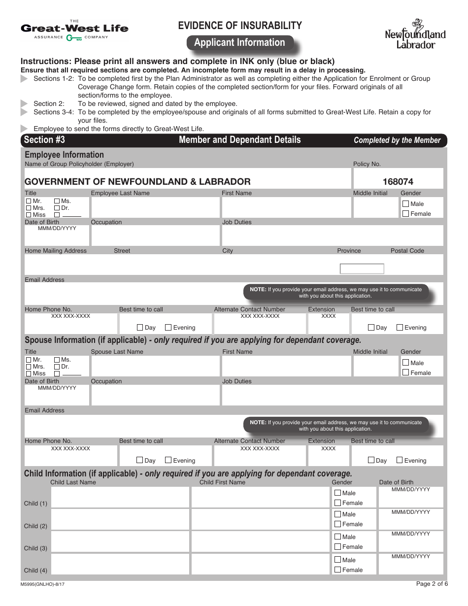 Form M5995 Evidence of Insurability Coverage Detail - Newfoundland and Labrador, Canada, Page 2